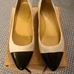 Nine West, Canvas Taupe and Black Patten Leather